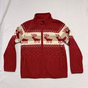 UNIQLO Reindeer Red Fleece Girl’s 7-8 Cardigan Sweater Winter Holiday Christmas